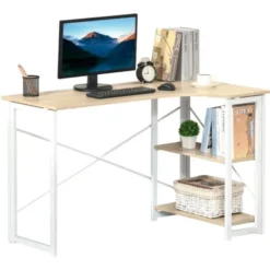 HOMCOM L-Shape Folding Computer Desk Study Workstation With 2 Shelves Oak Tone