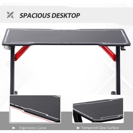 HOMCOM 1.2m Computer Gaming Desk LED Light W/ Cup Holder Headphone Hook E-Sport 4 HOMCOM 1.2m Computer Gaming Desk LED Light W/ Cup Holder Headphone Hook E-Sport - Image 4