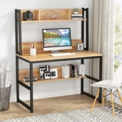 Computer Desk, Home Office Desk Study Desk With Hutch And Shelves For Small Space,107 X 50 X140cm(Light Marple)