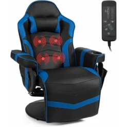 COSTWAY Massage Gaming Chair, Ergonomic High Back Swivel Racing Chair With Footrest, Headrest And Cup Holder, PU Leather Adjustable Recliner Computer Desk Chairs (Blue)