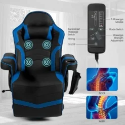 COSTWAY Massage Gaming Chair, Ergonomic High Back Swivel Racing Chair With Footrest, Headrest And Cup Holder, PU Leather Adjustable Recliner Computer Desk Chairs (Blue) -Office Furniture Store 46775043 3