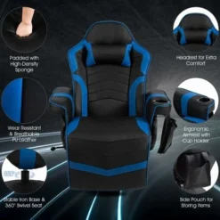 COSTWAY Massage Gaming Chair, Ergonomic High Back Swivel Racing Chair With Footrest, Headrest And Cup Holder, PU Leather Adjustable Recliner Computer Desk Chairs (Blue) -Office Furniture Store 46775043 4