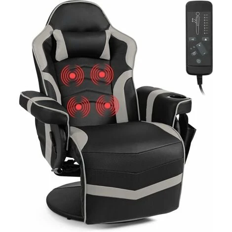 COSTWAY Massage Gaming Chair, Ergonomic High Back Swivel Racing Chair With Footrest, Headrest And Cup Holder, PU Leather Adjustable Recliner Computer Desk Chairs (Grey) 1 COSTWAY Massage Gaming Chair, Ergonomic High Back Swivel Racing Chair With Footrest, Headrest And Cup Holder, PU Leather Adjustable Recliner Computer Desk Chairs (Grey)