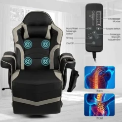 COSTWAY Massage Gaming Chair, Ergonomic High Back Swivel Racing Chair With Footrest, Headrest And Cup Holder, PU Leather Adjustable Recliner Computer Desk Chairs (Grey) 7 COSTWAY Massage Gaming Chair, Ergonomic High Back Swivel Racing Chair With Footrest, Headrest And Cup Holder, PU Leather Adjustable Recliner Computer Desk Chairs (Grey) -Office Furniture Store 48408655 3