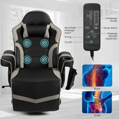 COSTWAY Massage Gaming Chair, Ergonomic High Back Swivel Racing Chair With Footrest, Headrest And Cup Holder, PU Leather Adjustable Recliner Computer Desk Chairs (Grey) 3 COSTWAY Massage Gaming Chair, Ergonomic High Back Swivel Racing Chair With Footrest, Headrest And Cup Holder, PU Leather Adjustable Recliner Computer Desk Chairs (Grey) - Image 3