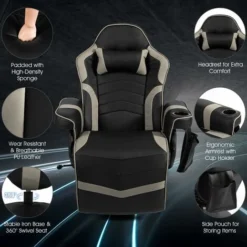 COSTWAY Massage Gaming Chair, Ergonomic High Back Swivel Racing Chair With Footrest, Headrest And Cup Holder, PU Leather Adjustable Recliner Computer Desk Chairs (Grey) 8 COSTWAY Massage Gaming Chair, Ergonomic High Back Swivel Racing Chair With Footrest, Headrest And Cup Holder, PU Leather Adjustable Recliner Computer Desk Chairs (Grey) -Office Furniture Store 48408655 4