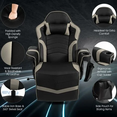 COSTWAY Massage Gaming Chair, Ergonomic High Back Swivel Racing Chair With Footrest, Headrest And Cup Holder, PU Leather Adjustable Recliner Computer Desk Chairs (Grey) 4 COSTWAY Massage Gaming Chair, Ergonomic High Back Swivel Racing Chair With Footrest, Headrest And Cup Holder, PU Leather Adjustable Recliner Computer Desk Chairs (Grey) - Image 4
