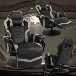 COSTWAY Massage Gaming Chair, Ergonomic High Back Swivel Racing Chair With Footrest, Headrest And Cup Holder, PU Leather Adjustable Recliner Computer Desk Chairs (Grey) 9 COSTWAY Massage Gaming Chair, Ergonomic High Back Swivel Racing Chair With Footrest, Headrest And Cup Holder, PU Leather Adjustable Recliner Computer Desk Chairs (Grey) -Office Furniture Store 48408655 5