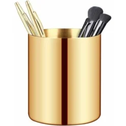 Gold Pen Pencil Holder, Cylinder Makeup Brushes Cup, Desktop Organizer Container Pot Decor Vase, Stainless Steel Multi Use For Flower Office & Home