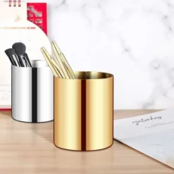 Gold Pen Pencil Holder, Cylinder Makeup Brushes Cup, Desktop Organizer Container Pot Decor Vase, Stainless Steel Multi Use For Flower Office & Home -Office Furniture Store 51802312 3