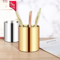 Gold Pen Pencil Holder, Cylinder Makeup Brushes Cup, Desktop Organizer Container Pot Decor Vase, Stainless Steel Multi Use For Flower Office & Home -Office Furniture Store 51802312 4