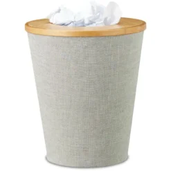 Relaxdays Bamboo Trash Can, Round Waste Bin With Insert And Magnetic Lids, 35 Cm Tall, Natural/Grey
