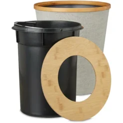 Relaxdays Bamboo Trash Can, Round Waste Bin With Insert And Magnetic Lids, 35 Cm Tall, Natural/Grey -Office Furniture Store 52223050 4