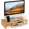 Relaxdays Bamboo Display Stand, Screen Riser With 2 Drawers And Compartments, Desk Organiser, HWD 12x56x27cm, Natural