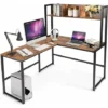 COSTWAY L-Shaped Computer Desk, Industrial Large 2-Person Corner Writing Workstation PC Laptop Table With Storage Bookshelf, Home Office Work Study Gaming Desk (Rustic Brown)