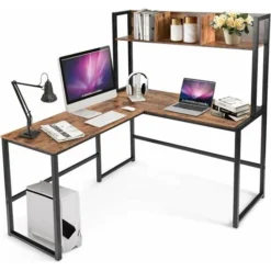 COSTWAY L-Shaped Computer Desk, Industrial Large 2-Person Corner Writing Workstation PC Laptop Table With Storage Bookshelf, Home Office Work Study Gaming Desk (Rustic Brown)