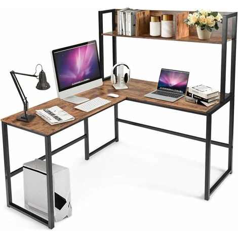 COSTWAY L-Shaped Computer Desk, Industrial Large 2-Person Corner Writing Workstation PC Laptop Table With Storage Bookshelf, Home Office Work Study Gaming Desk (Rustic Brown) 1 COSTWAY L-Shaped Computer Desk, Industrial Large 2-Person Corner Writing Workstation PC Laptop Table With Storage Bookshelf, Home Office Work Study Gaming Desk (Rustic Brown)