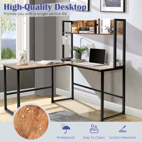 COSTWAY L-Shaped Computer Desk, Industrial Large 2-Person Corner Writing Workstation PC Laptop Table With Storage Bookshelf, Home Office Work Study Gaming Desk (Rustic Brown) 2 COSTWAY L-Shaped Computer Desk, Industrial Large 2-Person Corner Writing Workstation PC Laptop Table With Storage Bookshelf, Home Office Work Study Gaming Desk (Rustic Brown) - Image 2