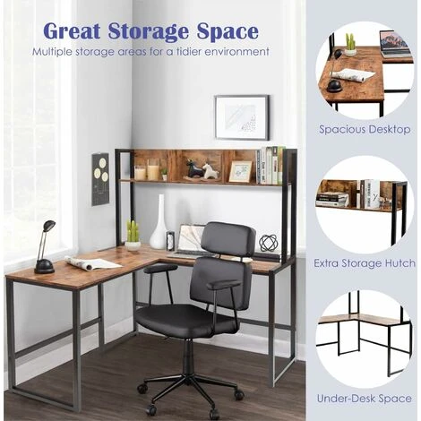 COSTWAY L-Shaped Computer Desk, Industrial Large 2-Person Corner Writing Workstation PC Laptop Table With Storage Bookshelf, Home Office Work Study Gaming Desk (Rustic Brown) 3 COSTWAY L-Shaped Computer Desk, Industrial Large 2-Person Corner Writing Workstation PC Laptop Table With Storage Bookshelf, Home Office Work Study Gaming Desk (Rustic Brown) - Image 3