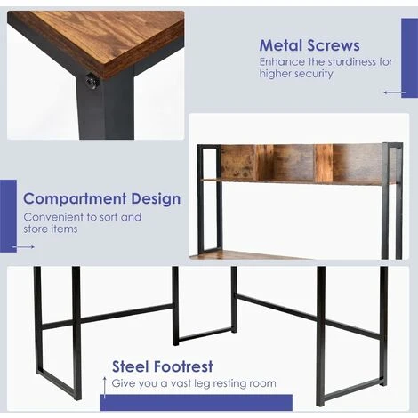 COSTWAY L-Shaped Computer Desk, Industrial Large 2-Person Corner Writing Workstation PC Laptop Table With Storage Bookshelf, Home Office Work Study Gaming Desk (Rustic Brown) 4 COSTWAY L-Shaped Computer Desk, Industrial Large 2-Person Corner Writing Workstation PC Laptop Table With Storage Bookshelf, Home Office Work Study Gaming Desk (Rustic Brown) - Image 4