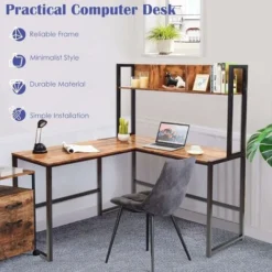 COSTWAY L-Shaped Computer Desk, Industrial Large 2-Person Corner Writing Workstation PC Laptop Table With Storage Bookshelf, Home Office Work Study Gaming Desk (Rustic Brown) 9 COSTWAY L-Shaped Computer Desk, Industrial Large 2-Person Corner Writing Workstation PC Laptop Table With Storage Bookshelf, Home Office Work Study Gaming Desk (Rustic Brown) -Office Furniture Store 52786815 5