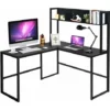 COSTWAY L-Shaped Computer Desk, Industrial Large 2-Person Corner Writing Workstation PC Laptop Table With Storage Bookshelf, Home Office Work Study Gaming Desk (Black)