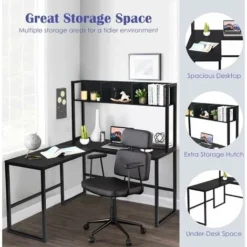 COSTWAY L-Shaped Computer Desk, Industrial Large 2-Person Corner Writing Workstation PC Laptop Table With Storage Bookshelf, Home Office Work Study Gaming Desk (Black) -Office Furniture Store 52786816 3