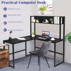 COSTWAY L-Shaped Computer Desk, Industrial Large 2-Person Corner Writing Workstation PC Laptop Table With Storage Bookshelf, Home Office Work Study Gaming Desk (Black) -Office Furniture Store 52786816 5