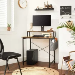 Songmics VASAGLE Computer Desk, Writing Study Desk With Monitor Stand, Fabric Storage Bag, X-Bars, Adjustable Feet, 80 X 55 X 90 Cm, For Home Office, Industrial, Rustic Brown And Black LWD080B01 -Office Furniture Store 54155229 3
