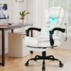 ELFORDSON Massage Office Chair With Footrest Executive Gaming Seat Leather White