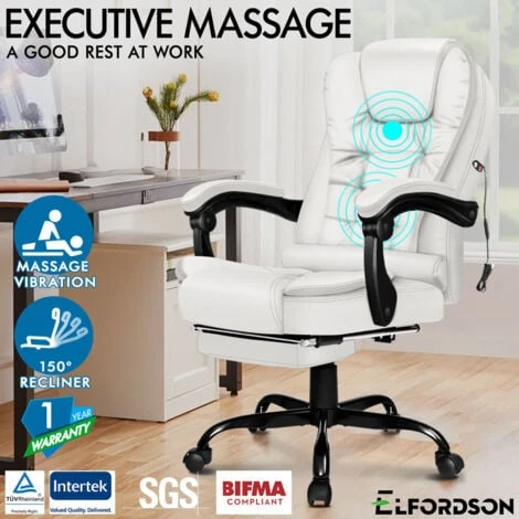 ELFORDSON Massage Office Chair With Footrest Executive Gaming Seat Leather White 2 ELFORDSON Massage Office Chair With Footrest Executive Gaming Seat Leather White - Image 2