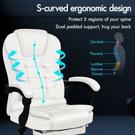 ELFORDSON Massage Office Chair With Footrest Executive Gaming Seat Leather White 3 ELFORDSON Massage Office Chair With Footrest Executive Gaming Seat Leather White - Image 3