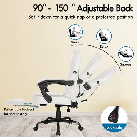 ELFORDSON Massage Office Chair With Footrest Executive Gaming Seat Leather White 5 ELFORDSON Massage Office Chair With Footrest Executive Gaming Seat Leather White - Image 5