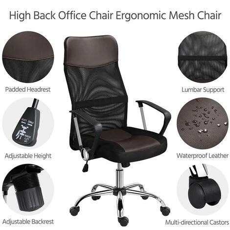 Yaheetech High Back Office Chair Executive Leather Chair Elastic Mesh Chair, Brown 4 Yaheetech High Back Office Chair Executive Leather Chair Elastic Mesh Chair, Brown - Image 4