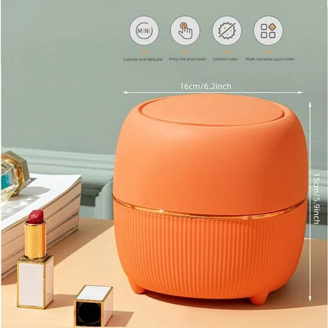 Mini Round Desktop Bin With Lid, Plastic, For Home, Kitchen, Bathroom, Office (Orange) 2 Mini Round Desktop Bin With Lid, Plastic, For Home, Kitchen, Bathroom, Office (Orange) - Image 2