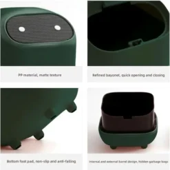 Small Trash Can, Cute Ninja Office Trash Can With Lid, Bedroom Trash Can With 1 Roll Waste Bag, Trash Can For Home, Office (Green Trash Can) -Office Furniture Store 59940958 5