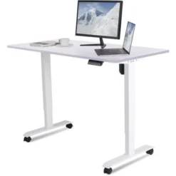 Height Adjustable Standing Desk With Electric Motor, Computer Desk, Intelligent Memory Height, Collision Protection,140 Cm,White/White With Wheel