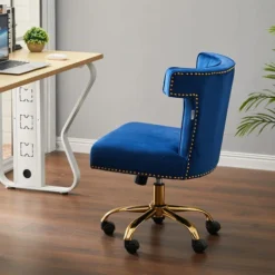 Livingandhome Velvet Swivel Office Task Chair With Nailhead Trim, Blue -Office Furniture Store 60359632 3