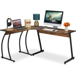 Relaxdays Corner Desk, H X W X D: 73 X 148 X 112 Cm, Walnut Wood Optic, L-shaped Desk, Metal And MDF, Brown/Black