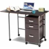 Folding Computer Desk Wheeled PC Laptop Table Writing Workstation With 3 Drawers
