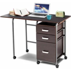Folding Computer Desk Wheeled PC Laptop Table Writing Workstation With 3 Drawers
