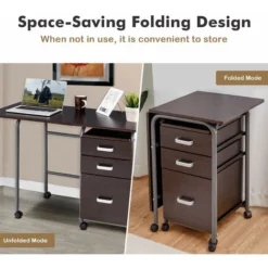 Folding Computer Desk Wheeled PC Laptop Table Writing Workstation With 3 Drawers -Office Furniture Store 64001006 3