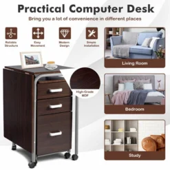 Folding Computer Desk Wheeled PC Laptop Table Writing Workstation With 3 Drawers -Office Furniture Store 64001006 4
