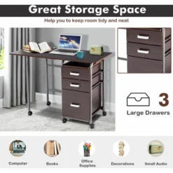 Folding Computer Desk Wheeled PC Laptop Table Writing Workstation With 3 Drawers -Office Furniture Store 64001006 5