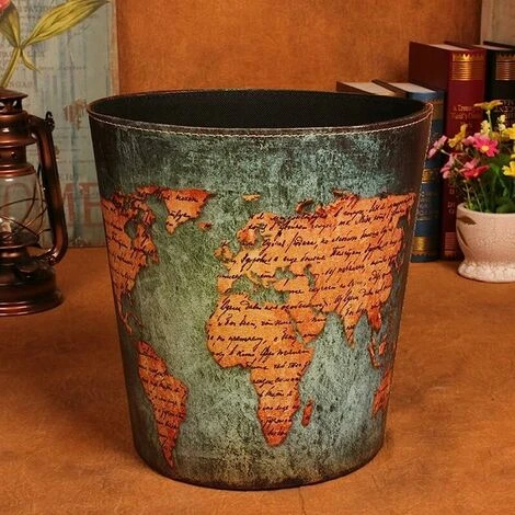Trash Bin, Creative PU Leather Waste Bin - Bathroom Trash Can - Kitchen Storage/Office Storage/Home Storage - World Map Style 2 Trash Bin, Creative PU Leather Waste Bin - Bathroom Trash Can - Kitchen Storage/Office Storage/Home Storage - World Map Style - Image 2
