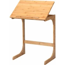 C-shaped Bamboo Sofa Side Table Tilting Top TV Tray Table 7 Angles Adjustable