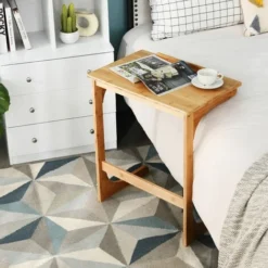 C-shaped Bamboo Sofa Side Table Tilting Top TV Tray Table 7 Angles Adjustable -Office Furniture Store 68350939 4