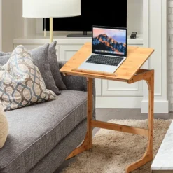 C-shaped Bamboo Sofa Side Table Tilting Top TV Tray Table 7 Angles Adjustable -Office Furniture Store 68350939 5