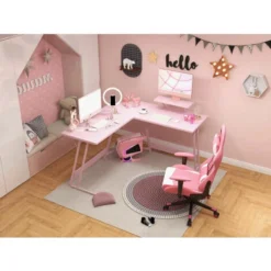 L-shaped Computer Desk Large Home Office Writing Workstation Corner Desk Space Saving PC With Monitor Stand,Pink -Office Furniture Store 68906500 5
