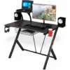 COSTWAY Multifunctional Gaming Computer Desk, Ergonomic Computer Table Includes Raised Shelf, Cable Management Grommet, Headphone Hook, Cup Holder, K-shaped Computer Table For Bedroom, Study